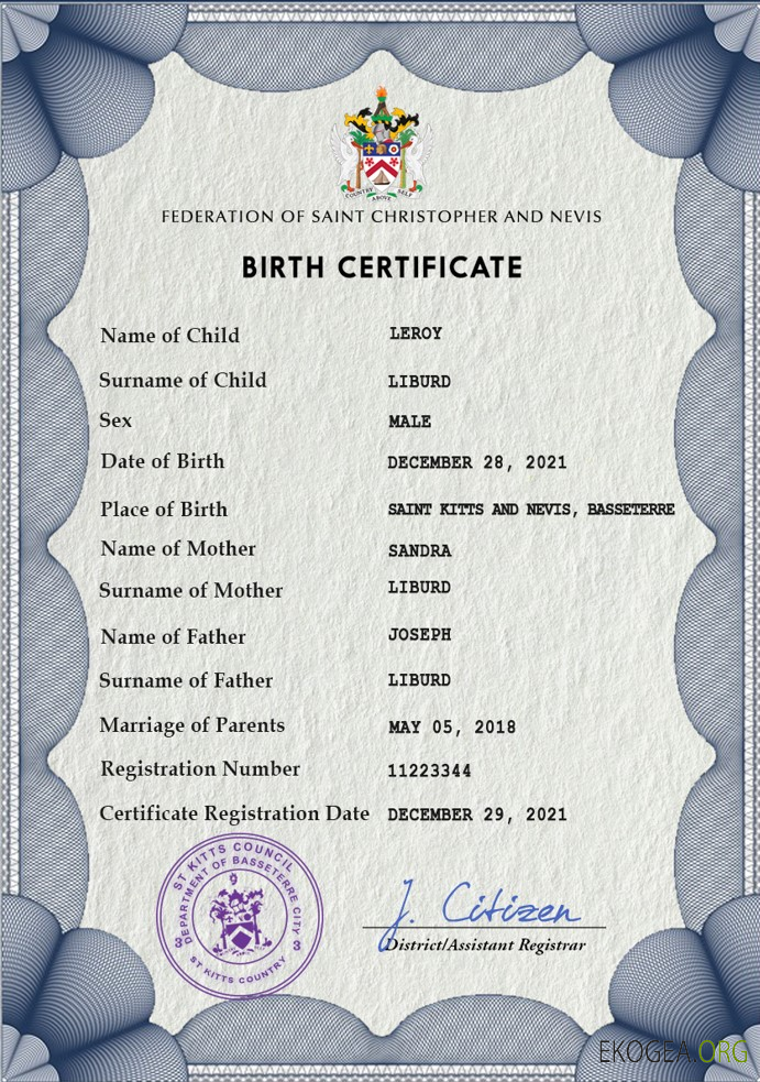 Modèle PSD de certificat de naissance de l'état civil de Saint Kitts